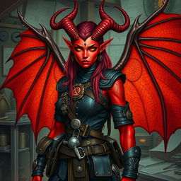 A female tiefling artificer with vibrant red skin and elegant, long, pointed horns