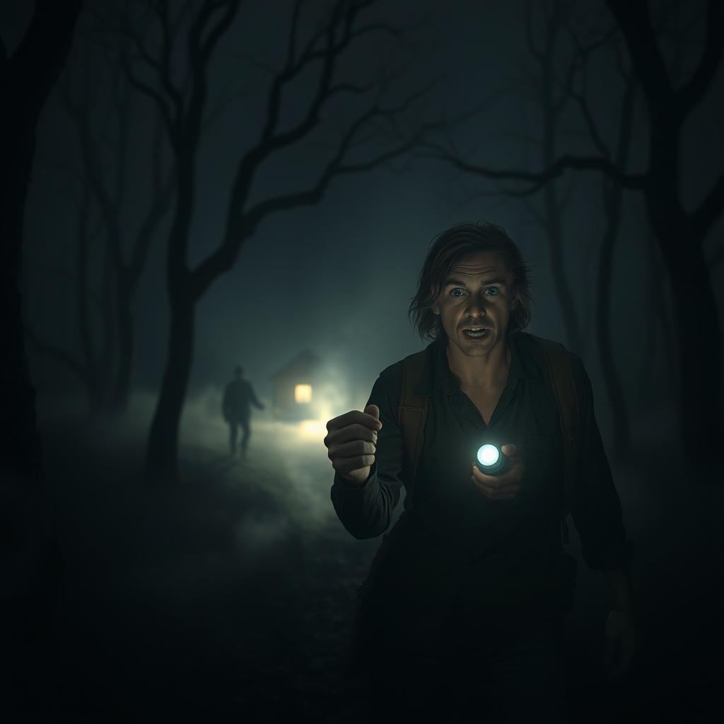 A captivating horror movie scene set in a misty forest at night
