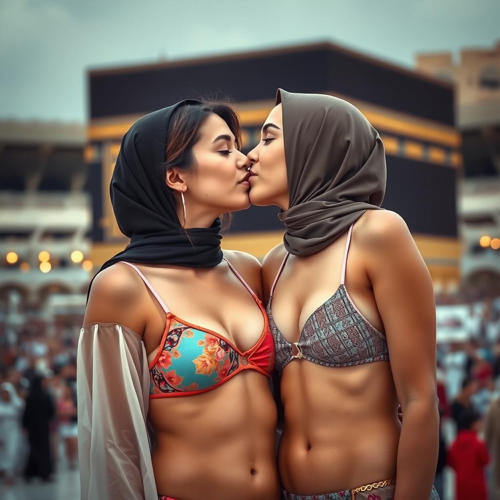 An Israeli girl with beautiful features, wearing modest clothing, passionately kissing a girl in a hijab who is wearing a colorful bikini