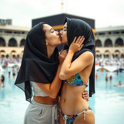 An Israeli girl with beautiful features, wearing modest clothing, passionately kissing a girl in a hijab who is wearing a colorful bikini