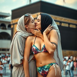An Israeli girl with beautiful features, wearing modest clothing, passionately kissing a girl in a hijab who is wearing a colorful bikini