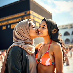 An Israeli girl with beautiful features, wearing modest clothing, passionately kissing a girl in a hijab who is wearing a colorful bikini