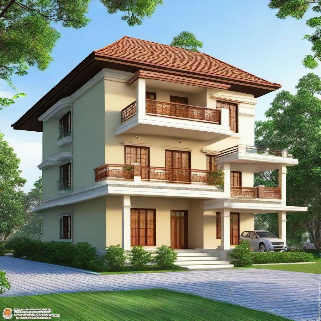 A beautiful two-story house, designed in Assam style, with a sheet on the first floor and a balcony area.