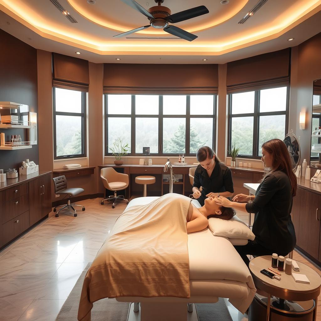 a beauty clinic interior featuring a model receiving treatment, the atmosphere is serene and elegant with a brown and beige color theme, the model is relaxed, lying on a treatment table, surrounded by soft lighting and modern decor, beauty products neatly arranged nearby, a professional aesthetician providing care, large windows letting in natural light, adding warmth to the space