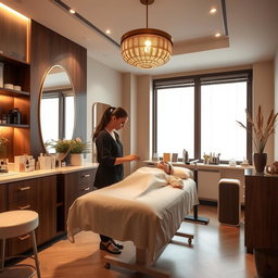 a beauty clinic interior featuring a model receiving treatment, the atmosphere is serene and elegant with a brown and beige color theme, the model is relaxed, lying on a treatment table, surrounded by soft lighting and modern decor, beauty products neatly arranged nearby, a professional aesthetician providing care, large windows letting in natural light, adding warmth to the space
