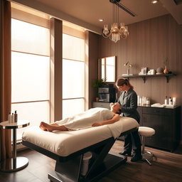 a beauty clinic interior featuring a model receiving treatment, the atmosphere is serene and elegant with a brown and beige color theme, the model is relaxed, lying on a treatment table, surrounded by soft lighting and modern decor, beauty products neatly arranged nearby, a professional aesthetician providing care, large windows letting in natural light, adding warmth to the space