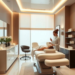 a beauty clinic interior featuring a model receiving treatment, the atmosphere is serene and elegant with a brown and beige color theme, the model is relaxed, lying on a treatment table, surrounded by soft lighting and modern decor, beauty products neatly arranged nearby, a professional aesthetician providing care, large windows letting in natural light, adding warmth to the space