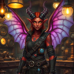 A female tiefling artificer with striking features, including deep red skin, curling horns, and bright yellow eyes, standing confidently in a workshop filled with intricate gadgets and gears