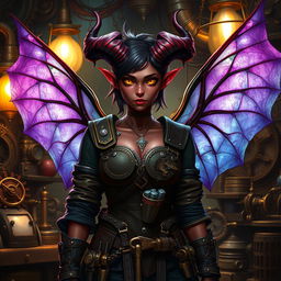 A female tiefling artificer with striking features, including deep red skin, curling horns, and bright yellow eyes, standing confidently in a workshop filled with intricate gadgets and gears