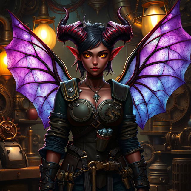 A female tiefling artificer with striking features, including deep red skin, curling horns, and bright yellow eyes, standing confidently in a workshop filled with intricate gadgets and gears