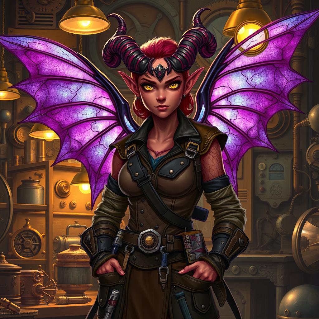 A female tiefling artificer with striking features, including deep red skin, curling horns, and bright yellow eyes, standing confidently in a workshop filled with intricate gadgets and gears