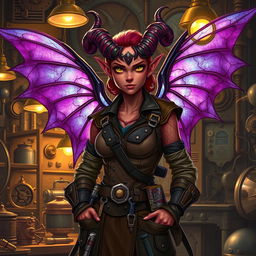 A female tiefling artificer with striking features, including deep red skin, curling horns, and bright yellow eyes, standing confidently in a workshop filled with intricate gadgets and gears