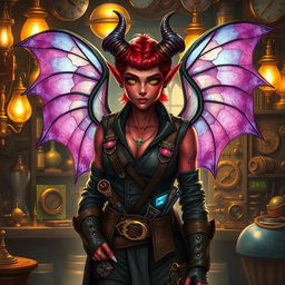 A female tiefling artificer with striking features, including deep red skin, curling horns, and bright yellow eyes, standing confidently in a workshop filled with intricate gadgets and gears