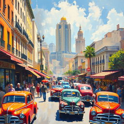 An impressionist painting depicting a vibrant and bustling cityscape filled with people walking, vintage cars, and lively street vendors