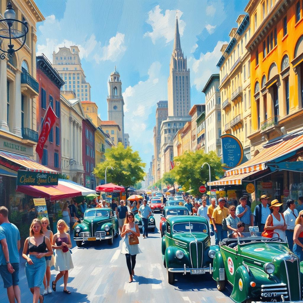 An impressionist painting depicting a vibrant and bustling cityscape filled with people walking, vintage cars, and lively street vendors
