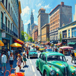 An impressionist painting depicting a vibrant and bustling cityscape filled with people walking, vintage cars, and lively street vendors