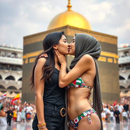 An Israeli girl with striking features, dressed in stylish attire, and a girl in a hijab wearing a vibrant bikini decorated with flags
