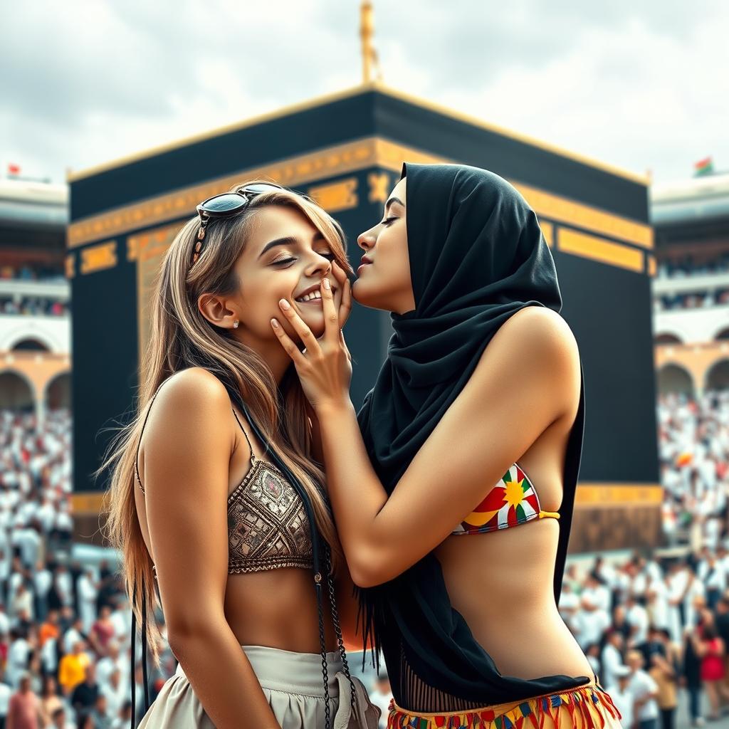 An Israeli girl with striking features, dressed in stylish attire, and a girl in a hijab wearing a vibrant bikini decorated with flags