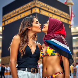 An Israeli girl with striking features, dressed in stylish attire, and a girl in a hijab wearing a vibrant bikini decorated with flags