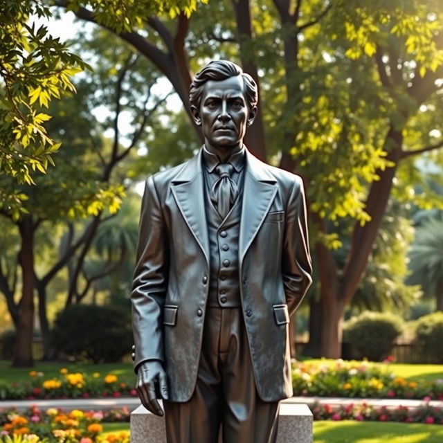 A realistic and detailed statue of Jose Rizal, the national hero of the Philippines, depicted facing front