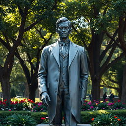 A realistic and detailed statue of Jose Rizal, the national hero of the Philippines, depicted facing front