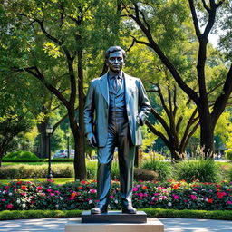 A realistic and detailed statue of Jose Rizal, the national hero of the Philippines, depicted facing front