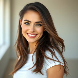 A stunning, photorealistic image of a 30-year-old woman, with natural features and a confident expression