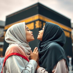 Two girls in hijabs sharing a romantic kiss in front of the Kaaba, creating an atmosphere of love and unity