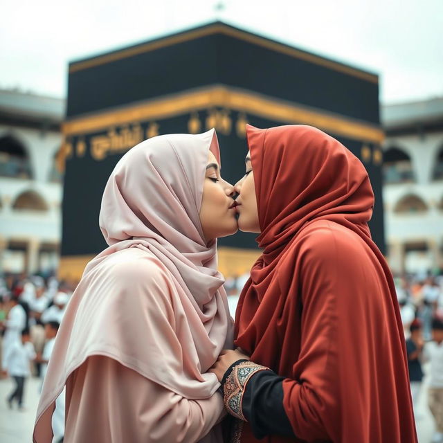 Two girls in hijabs sharing a romantic kiss in front of the Kaaba, creating an atmosphere of love and unity