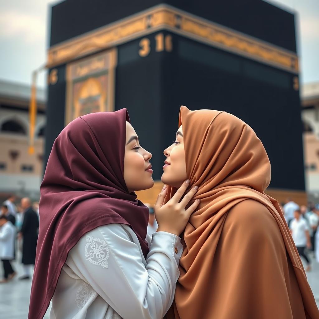 Two girls in hijabs sharing a romantic kiss in front of the Kaaba, creating an atmosphere of love and unity