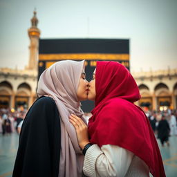 Two girls in hijabs sharing a romantic kiss in front of the Kaaba, creating an atmosphere of love and unity
