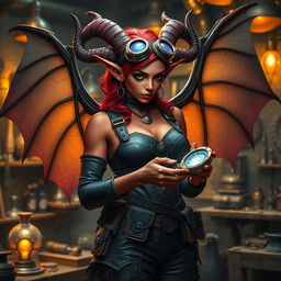 A female tiefling artificer with striking features, including vibrant red skin, large curled horns, and elegantly detailed bat-like wings