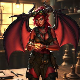 A female tiefling artificer with striking features, including vibrant red skin, large curled horns, and elegantly detailed bat-like wings