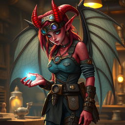 A female tiefling artificer with striking features, including vibrant red skin, large curled horns, and elegantly detailed bat-like wings