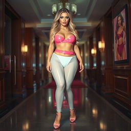 Full length photograph of a sexy, stunning, beautiful, curvy woman with soft facial features, long blond hair, and crystal green eyes