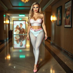 Full length photograph of a sexy, stunning, beautiful, curvy woman with soft facial features, long blond hair, and crystal green eyes