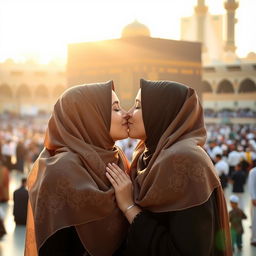 Two beautiful hijabi girls kissing in front of the Kaaba, showcasing their elegant hijabs flowing with intricate designs
