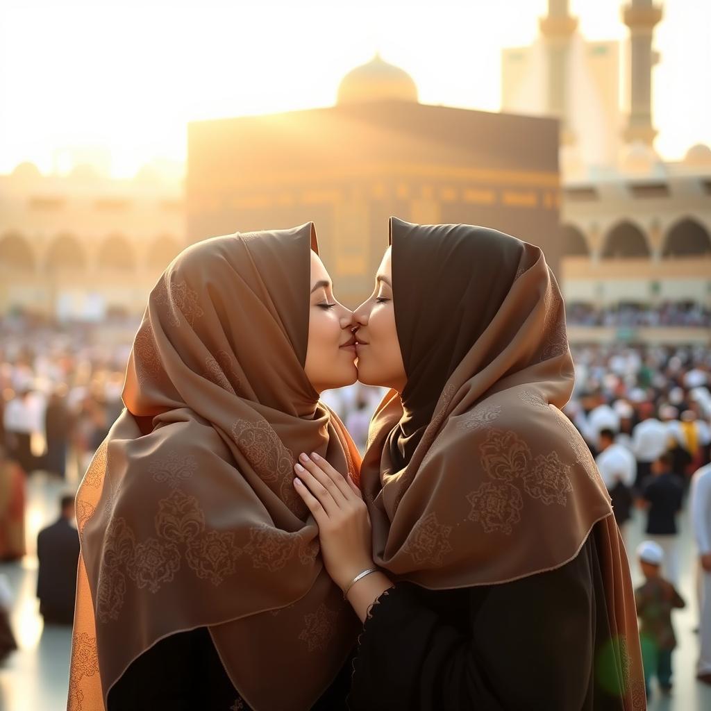 Two beautiful hijabi girls kissing in front of the Kaaba, showcasing their elegant hijabs flowing with intricate designs