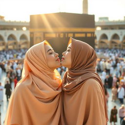 Two beautiful hijabi girls kissing in front of the Kaaba, showcasing their elegant hijabs flowing with intricate designs