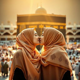 Two beautiful hijabi girls kissing in front of the Kaaba, showcasing their elegant hijabs flowing with intricate designs