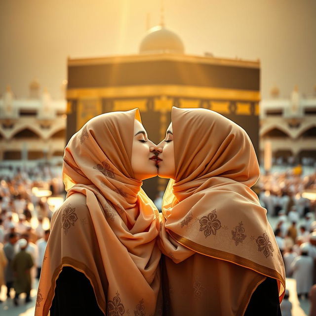 Two beautiful hijabi girls kissing in front of the Kaaba, showcasing their elegant hijabs flowing with intricate designs