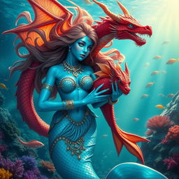 A stunning female blue merfolk with iridescent scales and flowing fin-like hair, gracefully swimming through a vibrant underwater scene