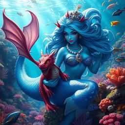 A stunning female blue merfolk with iridescent scales and flowing fin-like hair, gracefully swimming through a vibrant underwater scene