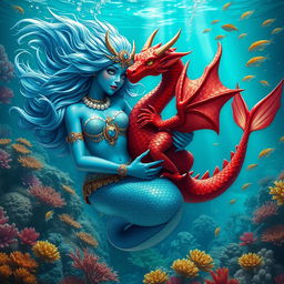 A stunning female blue merfolk with iridescent scales and flowing fin-like hair, gracefully swimming through a vibrant underwater scene
