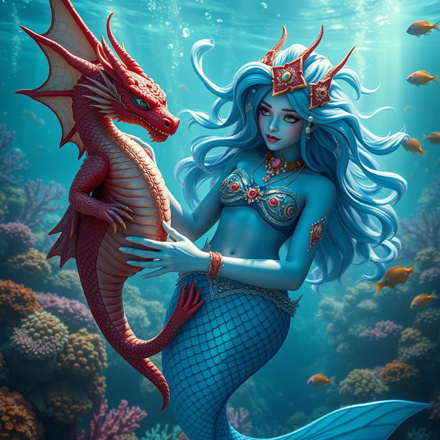 A stunning female blue merfolk with iridescent scales and flowing fin-like hair, gracefully swimming through a vibrant underwater scene