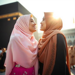 Two beautiful hijabi girls wearing colorful, stylish outfits, kissing in front of the Kaaba