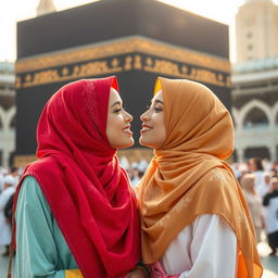 Two beautiful hijabi girls wearing colorful, stylish outfits, kissing in front of the Kaaba