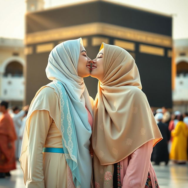 Two beautiful hijabi girls wearing colorful, stylish outfits, kissing in front of the Kaaba