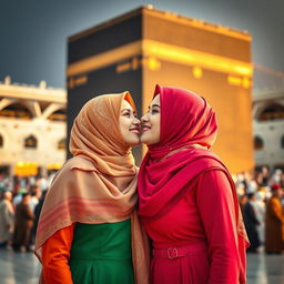 Two beautiful hijabi girls wearing colorful, stylish outfits, kissing in front of the Kaaba