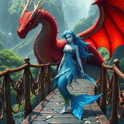 A stunning female blue merfolk with shimmering scales and flowing hair, standing gracefully on a majestic bridge